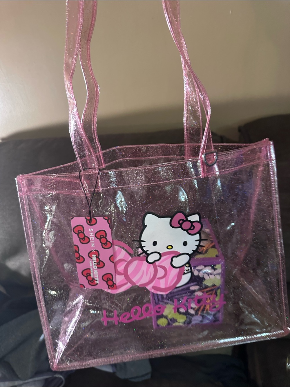 Hello Kitty Pink Glitter Clear Tote Bag with Bow Graphic